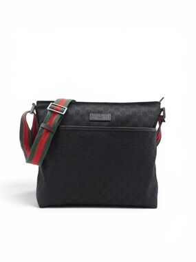 Gucci Black Canvas Messenger Bag with Green-Red Web Strap